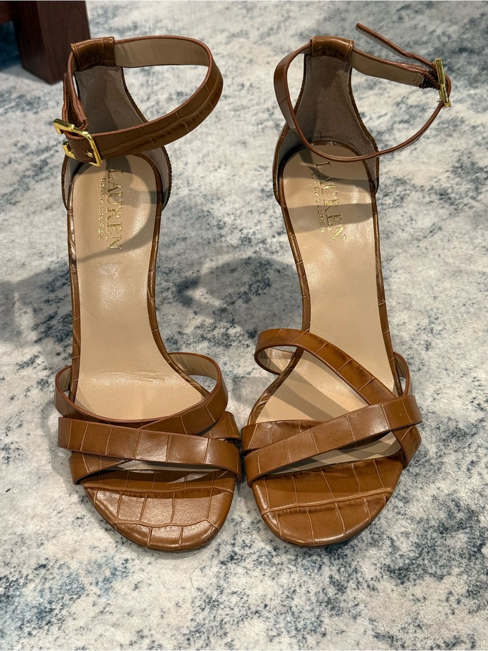 Lauren Ralph Lauren Cognac Croc-Embossed Ankle-Strap Heels